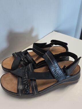 Clarks Black Braided-Strap Leather Women's Comfort Sandals Size 6